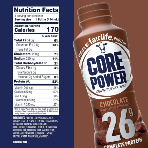 Core Power Protein Shake, Chocolate, 26g Bottle, 14oz, 12 Pack - Image 3