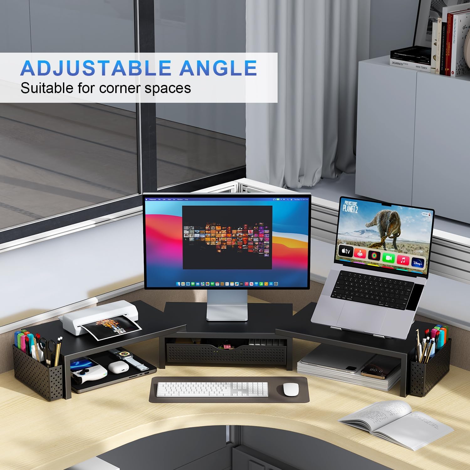 Dual Monitor Stand Riser, Desk Organizer With Drawer and 2 Pen Holders - Image 2
