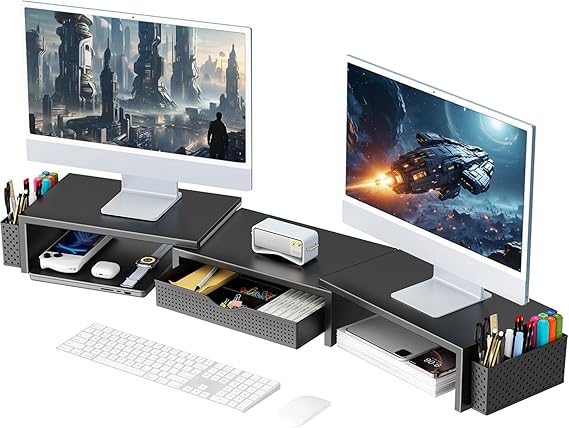 Dual Monitor Stand Riser, Desk Organizer With Drawer and 2 Pen Holders
