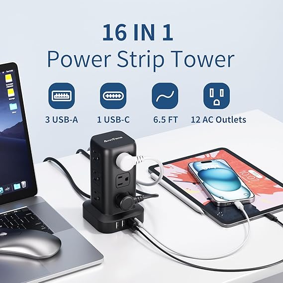 Surge Protector Power Strip 6.5 FT Cord, Power Strip Tower with 4 USB Ports (1USB C) - Image 2