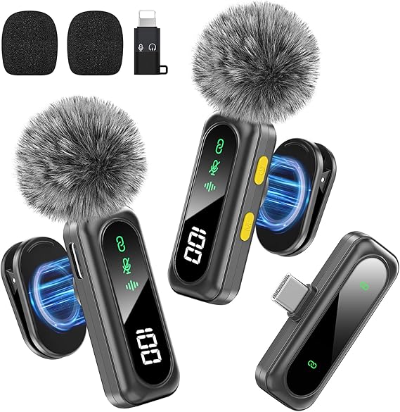 Wireless Microphone for iPhone, iPad, Android, Mini Microphones with LED Indicator & Noise Reduction