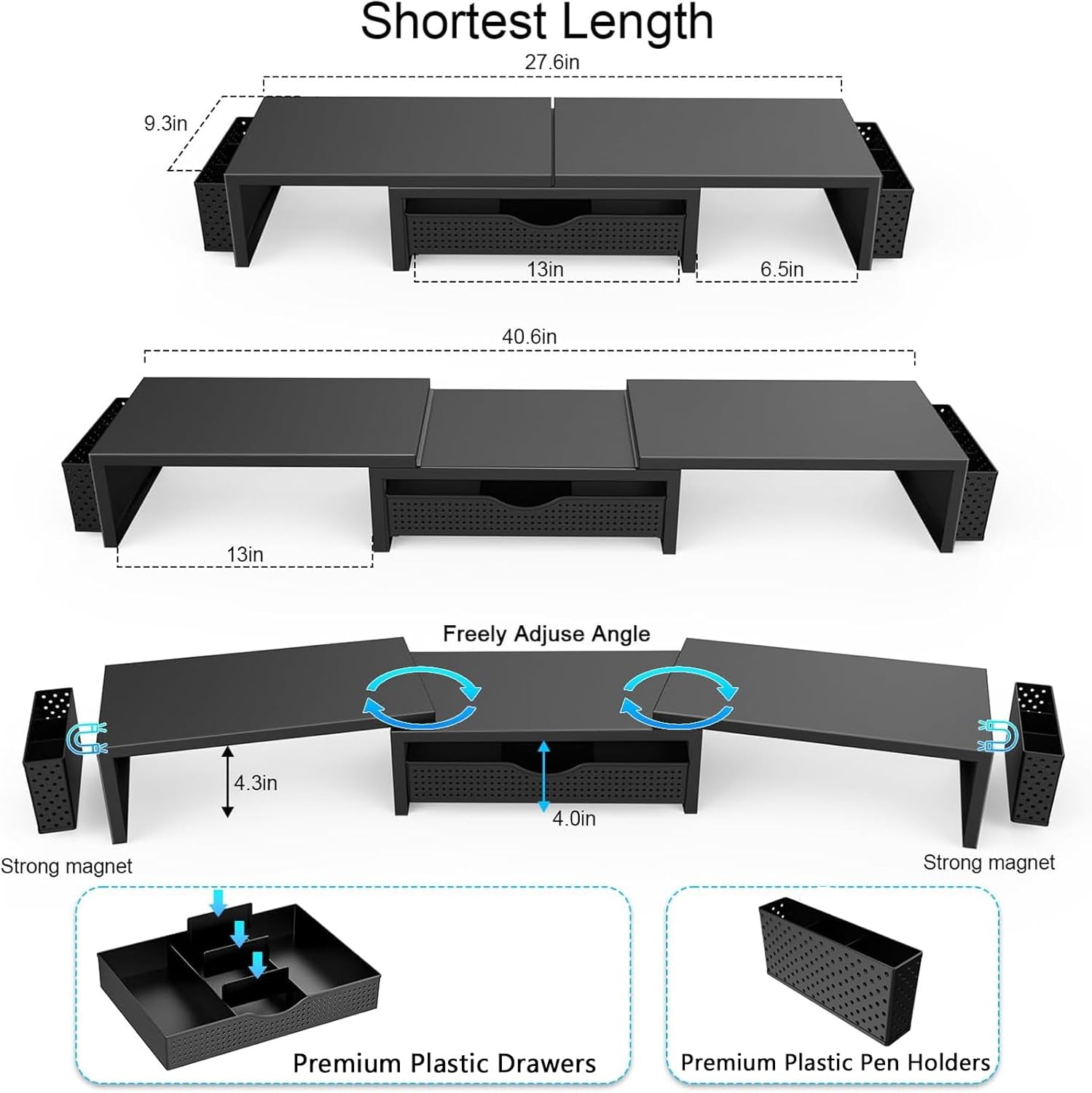 Dual Monitor Stand Riser, Desk Organizer With Drawer and 2 Pen Holders - Image 3